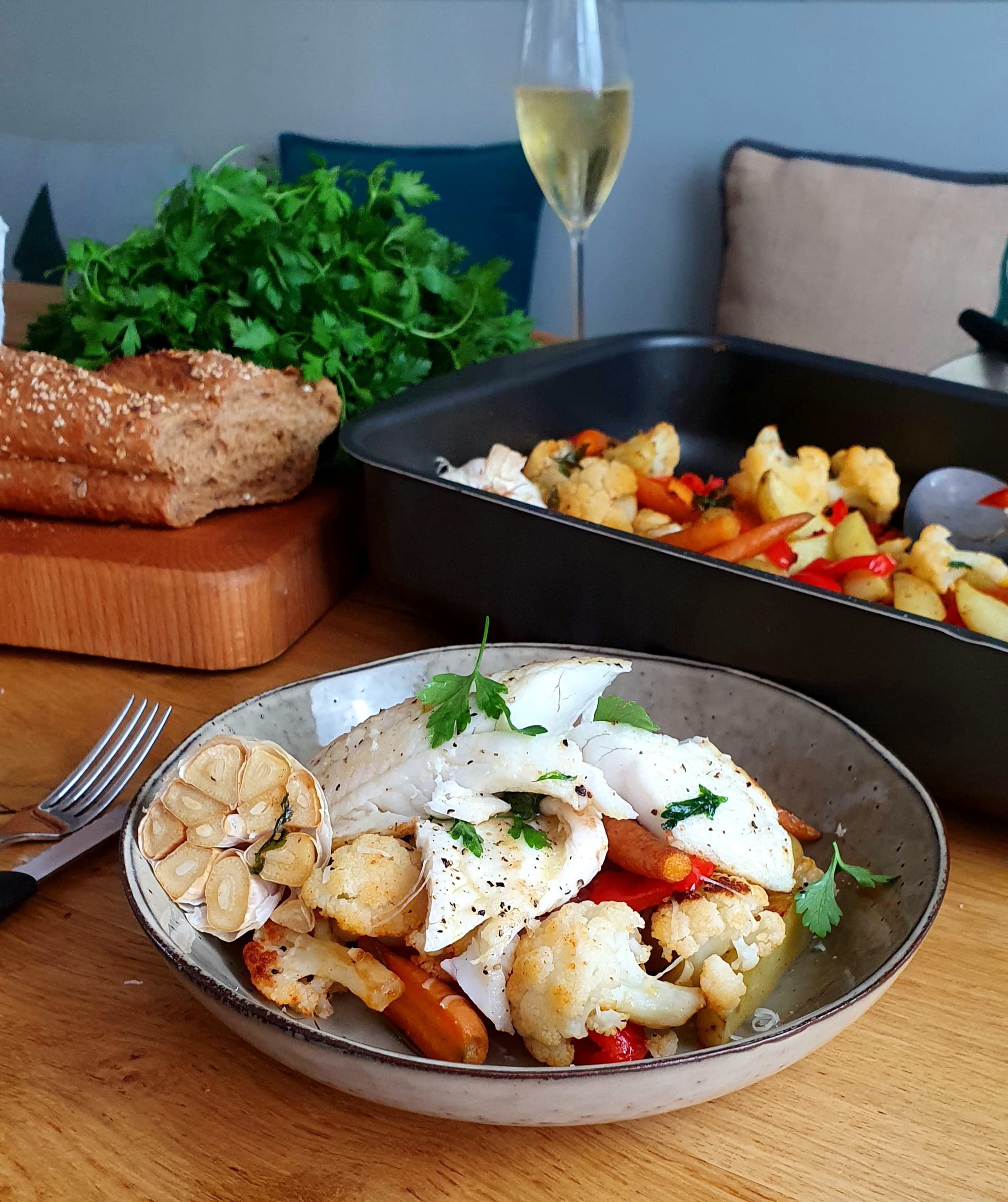 Snoekbaars met groenten uit de oven